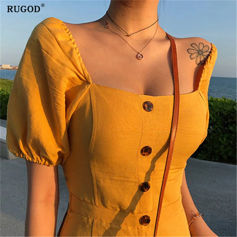 RUGOD, летнее платье для женщин,, квадратный воротник, с пышными рукавами, Повседневное платье для женщин, корейский стиль, тонкая талия, эластичная, vestidos de verano - Цвет: Цвет: желтый