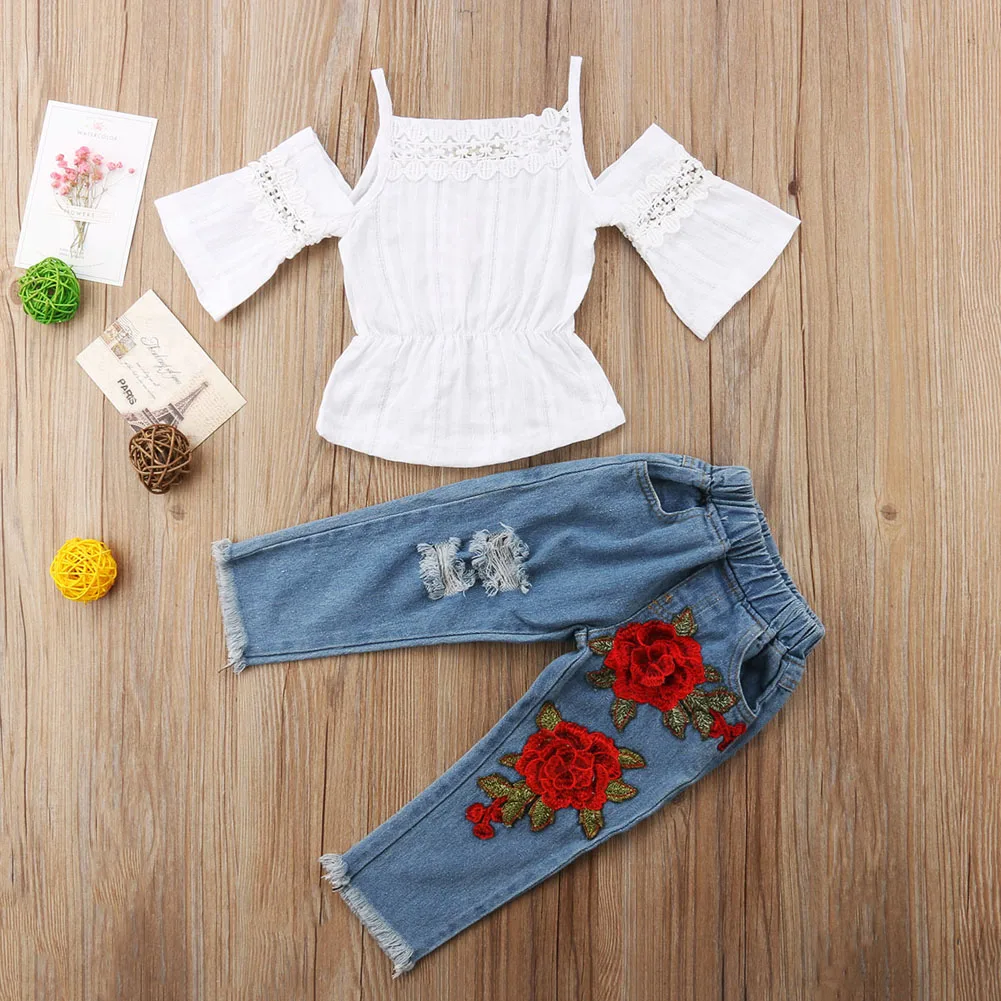 Комплект из 2 предметов, Boho, комплект одежды для маленьких девочек, открытые кружевные топы с открытыми плечами+ джинсы с цветочной вышивкой, джинсовые штаны с дырками, комплект одежды