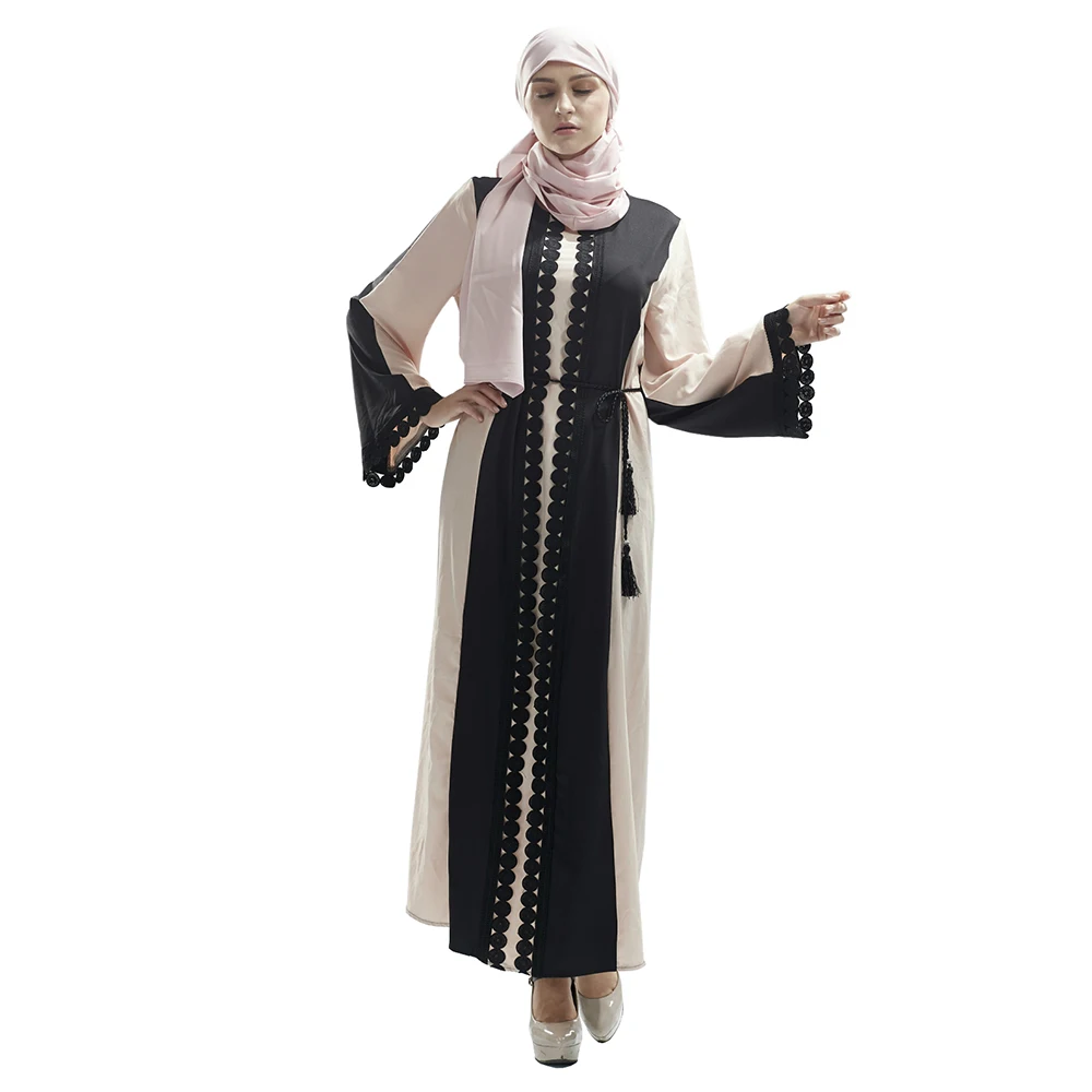 Women Lace Patch Designs Long Flare Sleeve Muslim Eid Abaya Tassel