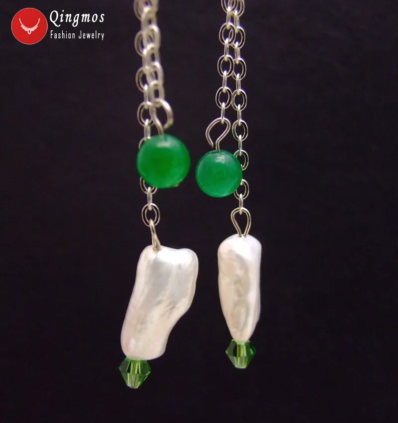 

Qingmos Natural Pearl Earring for Women with 12-15mm White Baroque Pearl & 6mm Green Round Dangle Jades Earrings Jewelry ear458