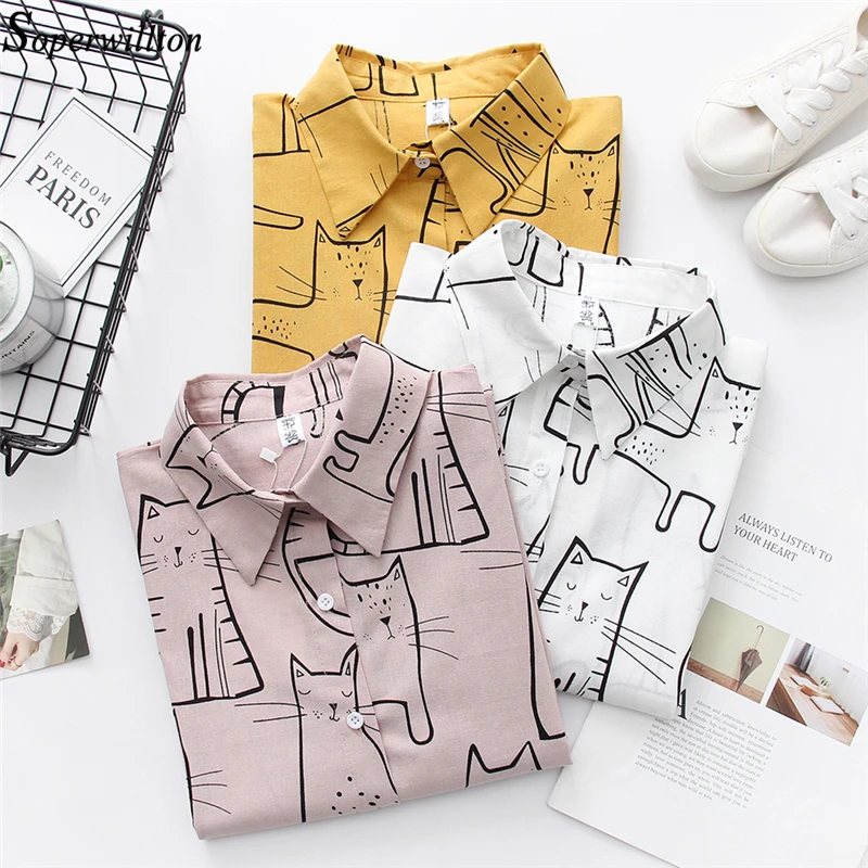 

Sweet Women's Blouse Fashion Harajuku Tops Ladies Shirts Print Cat Loose Casual Women Blouse Shirt Femme Blusas Pink Yellow 2019