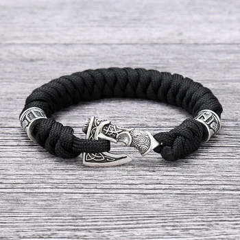 

Handmade Viking Runes Beads Scandinavian Norse Axe Bracelet Nordic Rune Ax Bangle Paracord Rope Bracelets Men Jewelry Gift