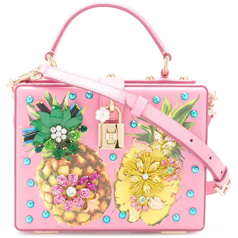 

Luxury Designer Handbag Genuine Leather Women Pineapple Printed Box Tote Bag Embellished Shoulder Bags