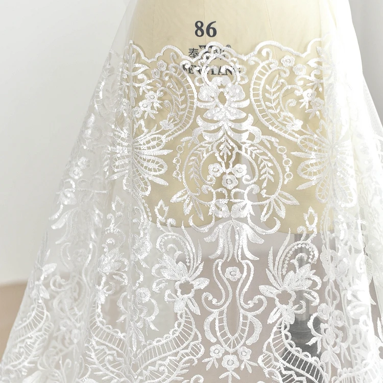 

European Sequin Embroidery Mesh Lace Fabric Wedding Handmade DIY Material Dress Decoration Fabric Accessories 1meter