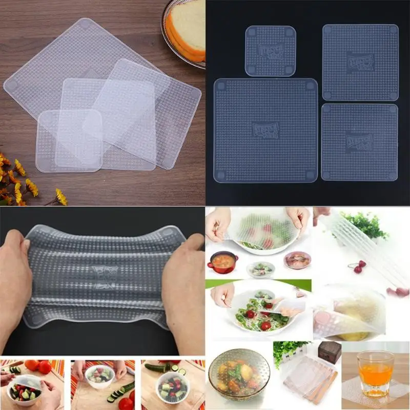 

4pcs Multi-function Food Fresh Keeping Saran Wrap Kitchen Tools Silicone Vacuum Cover Stretch Lid Cling Film Seal Bowl Cover