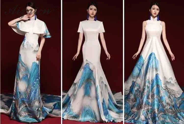 Новинка 2019 года этап шоу Длинные Cheongsam Современная нация ветер хост Qi ПАО для женщин Oriental вечернее китайское платье-Ципао Chinoise белый хвост