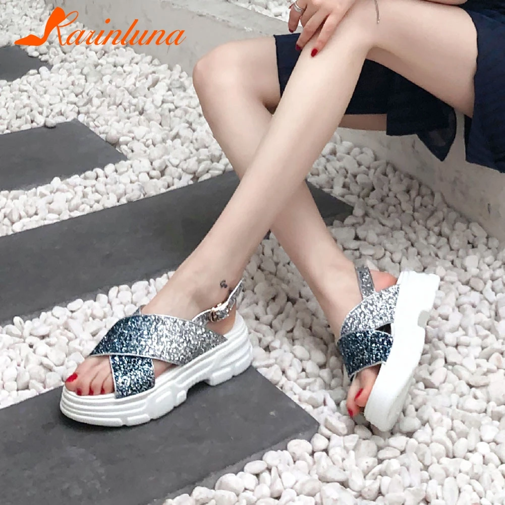 

KARINLUNA Brand New Big Size 33-40 INS Hot Ladies Med Heels Bling Women Shoes Woman Casual Summer Sandals Girl Shoes Female