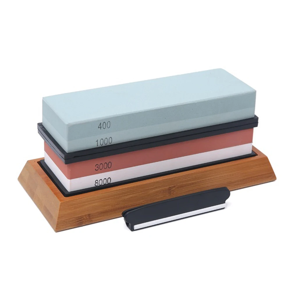 

Premium Knife Sharpener Stone Double Side Bicolor Whetstone Cutter Sharpener Stone for Kitchen Sharpening Tool Bamboo Base