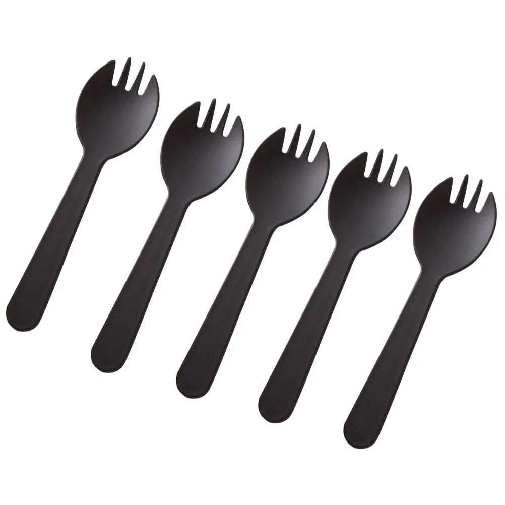 100 шт творческие 2-в-1 Sporks одноразовые Пластик ложки и вилки для торта для салата и мороженого фруктовый(черный - Цвет: Черный