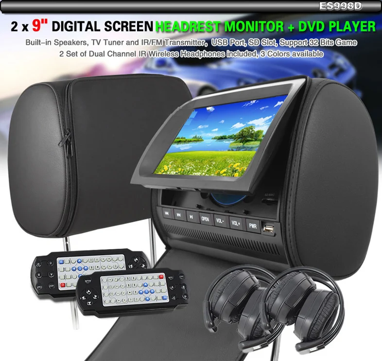 FREE SHIPPING 2 x 9" Screen HD Car Headrest Monitor DVD +TV 2 IR
