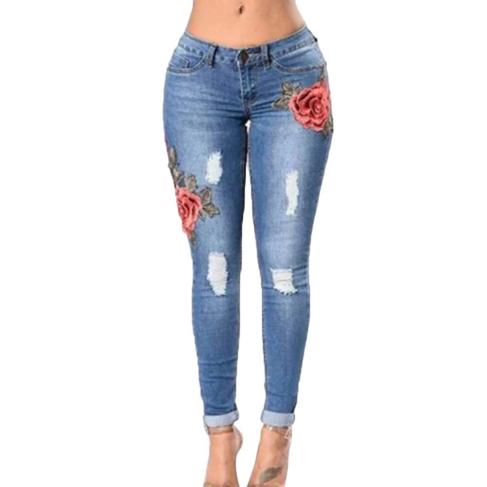 

New Female Casual Sexy Rose Denim Jeans with Embroidery Ripped Vintage Pencil Jeans for Women Cuffs Long Pants Plus Size 2XL