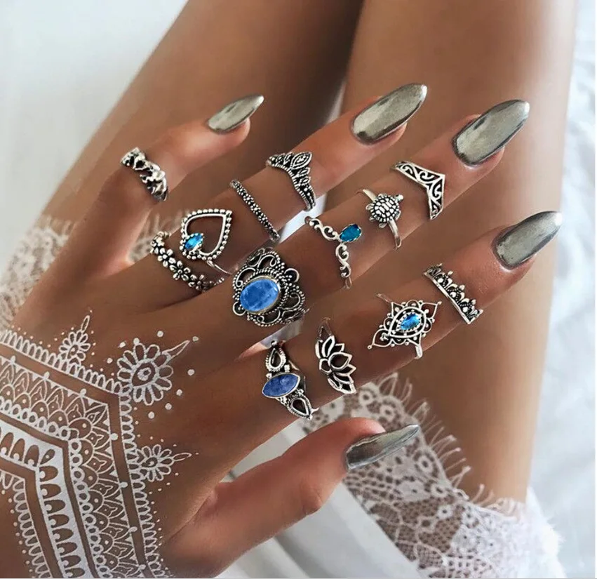 

13 pcs/set Finger Ring Set For Women Ring Accessories Hollow Crown Turtle Elephant Blue Crystal Water Drop Women Party Ring Gift