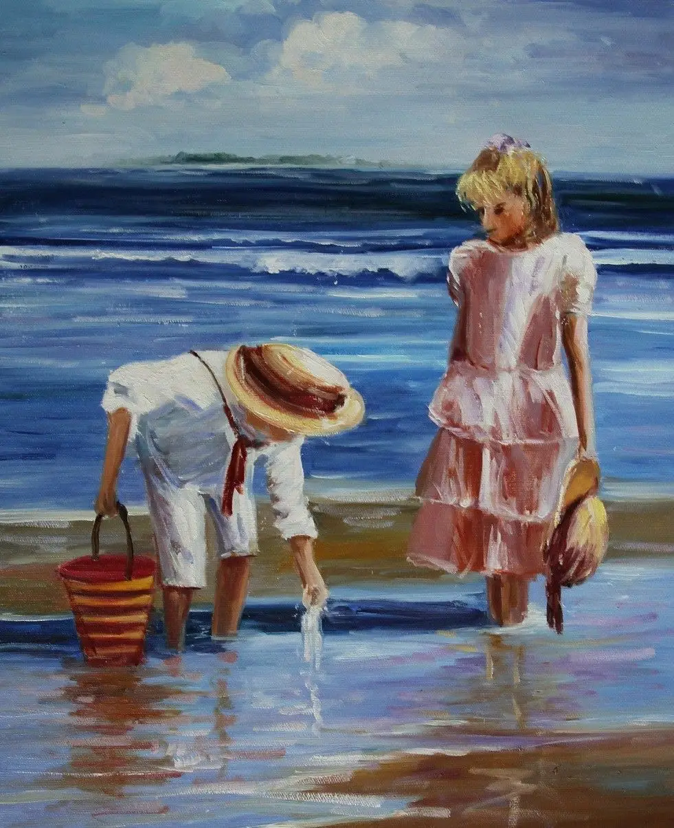 Handmade Children Oil Painting On Canvas Boy and Girl On Beach 658in