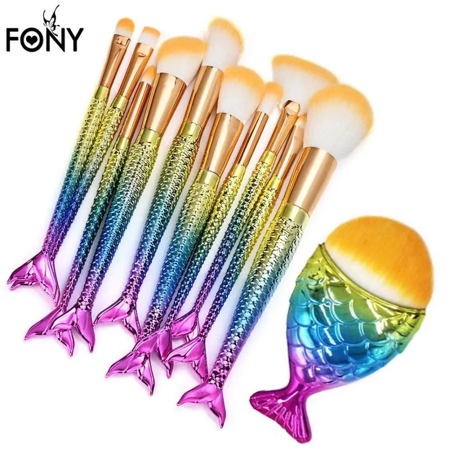 New 11pcs Fish Scale Cosmetic Makeup Brushes Set Professional Powder