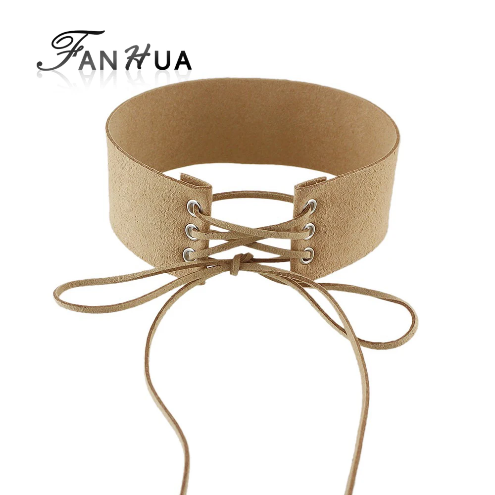 FANHUA Gothic Black Brown White Red Pu Leather Choker Necklace Wide Belt Design Knited Choker