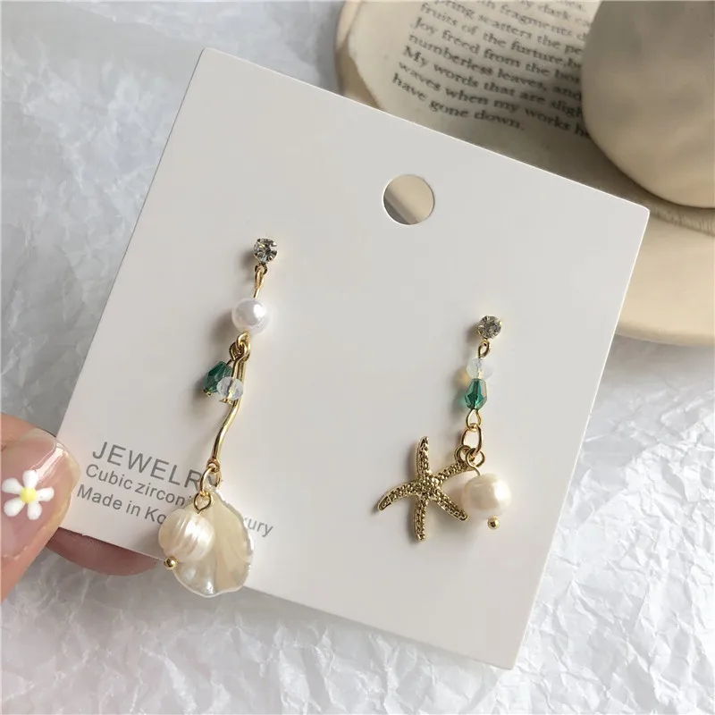 

Korean Fashion Long Asymmetrical Seashell Starfish Dangle Earrings Cute Acrylic Beads Pearl Earrings For Women Jewelry Girl Gift