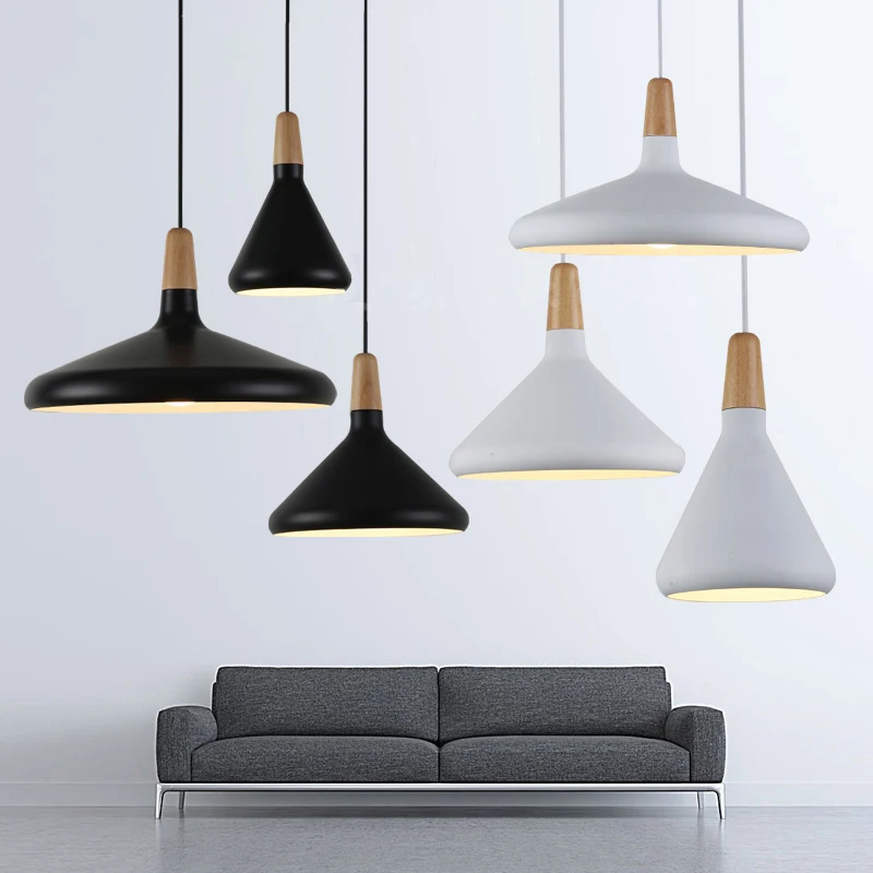 Nordic Simple Pendant Lights Solid Wood + Aluminum Lampshade  Creative Coffee Shop Bar E27 Hanging Lamps Decor Luminaire