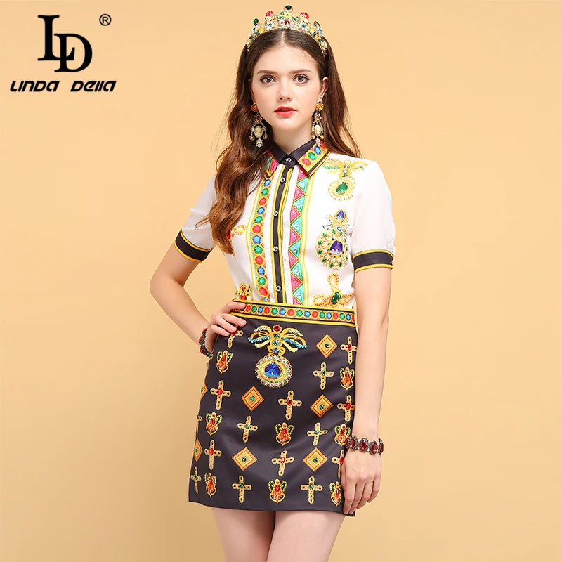 

LD LINDA DELLA Fashion Summer Sets Suits Women's Short Sleeve Crystal Beading Shirt and Elegant Vintage Mini Skirts Two Pieces