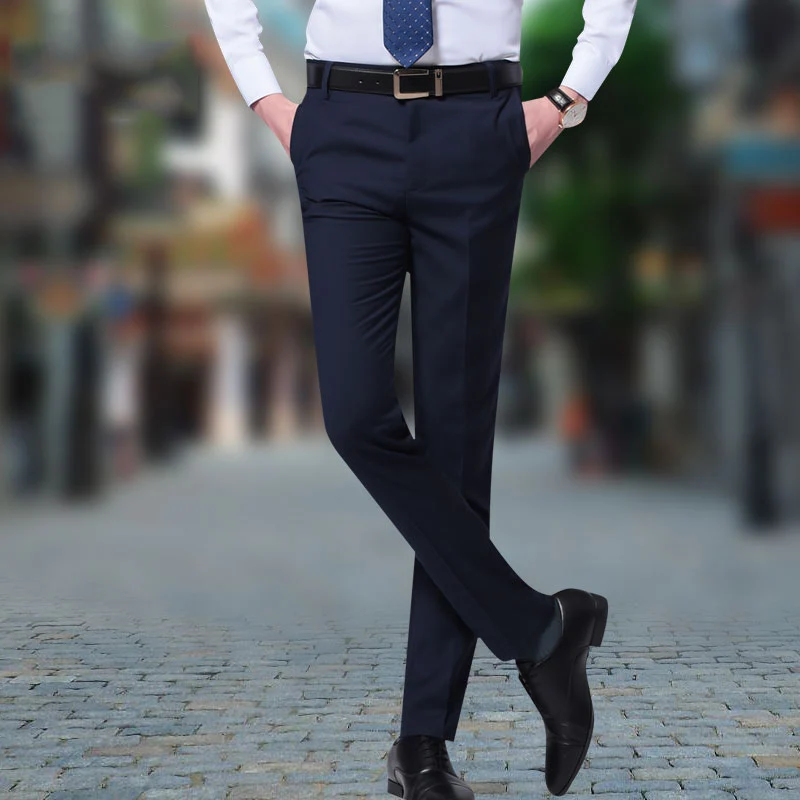 Мужские темно синие нарядные Брюки Модные деловой строгий костюм брюки Slim Fit