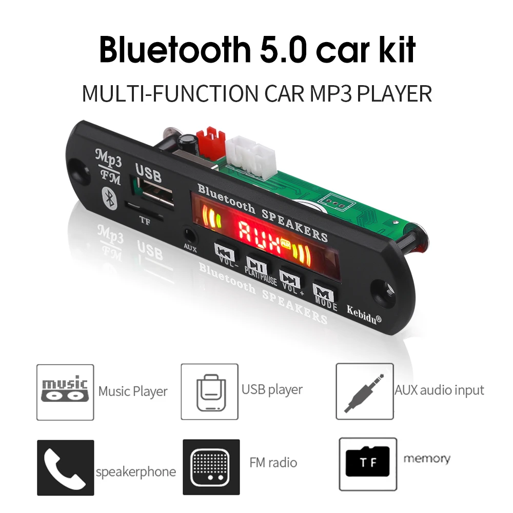 KEBIDU 5 в Bluetooth MP3 плеер декодер плата цветной экран для автомобиля Комплект fm-радио TF USB 3,5 мм AUX аудио модуль запись Hands-free