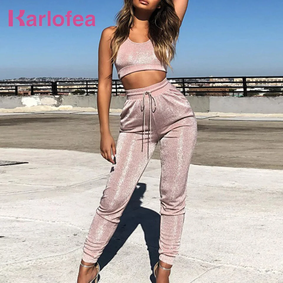 

Karlofea Tracksuit Women Set Sleeveless Cropped Tank Top And Pants Casual Sportswear Two Piece Summer Outfits Vest Pants Suit