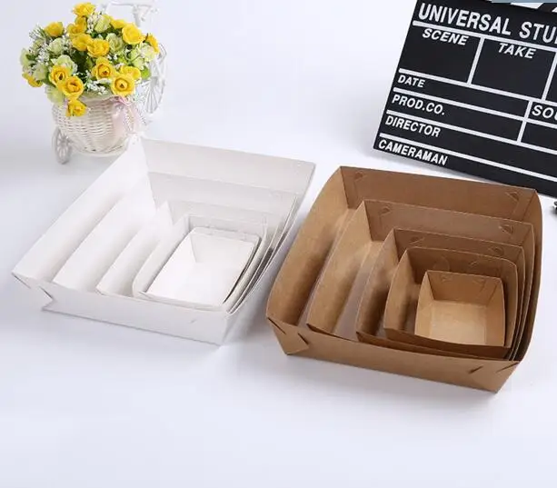 

30pcs- Disposable party tableware white kraft paper tray greaseproof paper box For Chip Fried food packaging