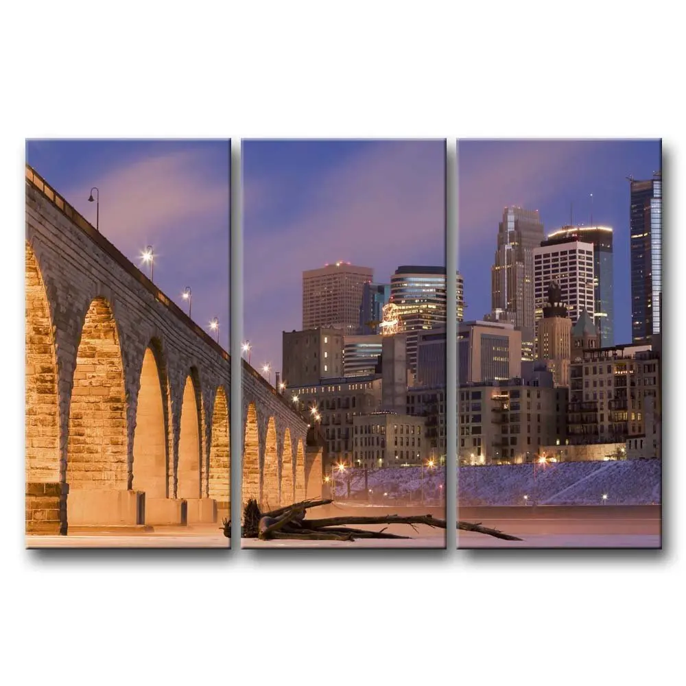 3 Piece lights Canvas Print bridge view picture light up night city