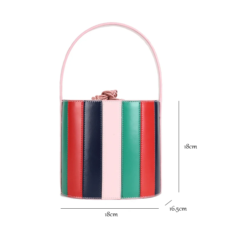 

New 2019 Designer brand Small Barrel-shaped Bucket Bag Women Genuine Leather Handbags Ladies Striped Messenger Bags For Female