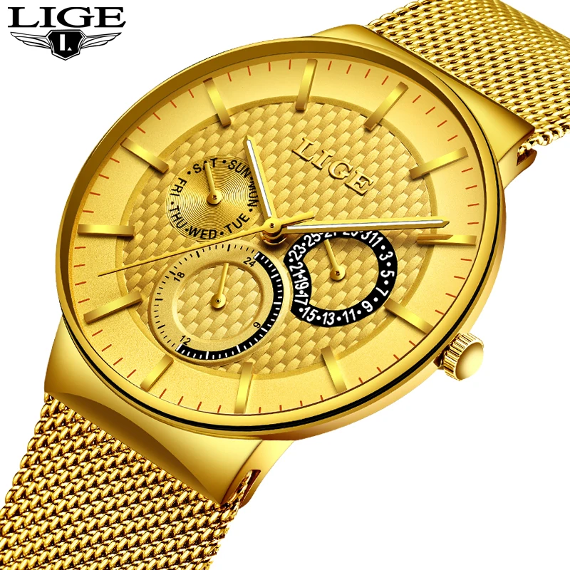 2018 LIGE Men's Sports Quartz Watch Date Simulation Men's Watch Stainless Steel Mesh Watch Waterproof Relogio Men's Watch +box