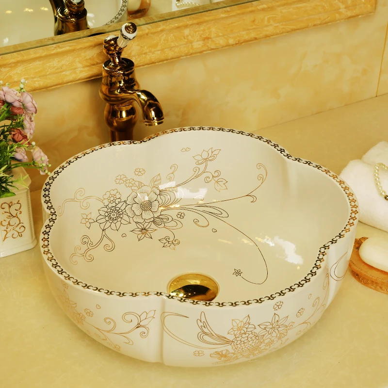 Flowers Shape Europe Vintage Style Countertop Basin Sink Handmade White Ceramic Bathroom Vessel Sinks 