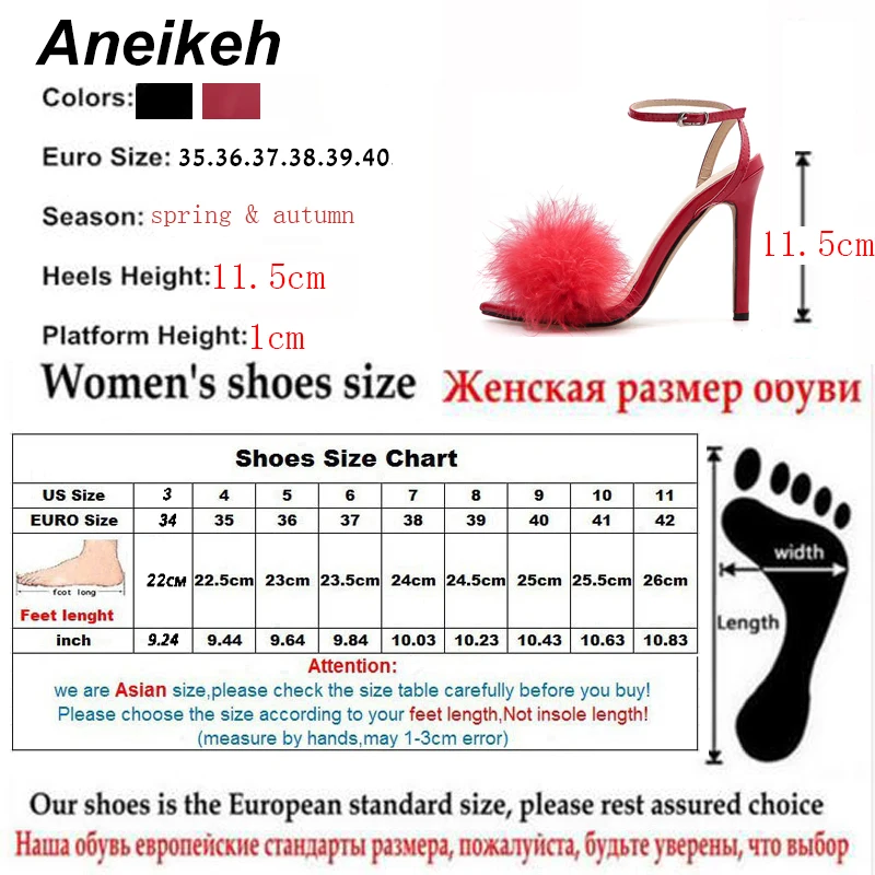 Aneikeh/ г. летние босоножки римские сандалии на тонком высоком каблуке с пряжкой и ремешком с перьями Вечерние женские туфли с острым носком на меху черного цвета