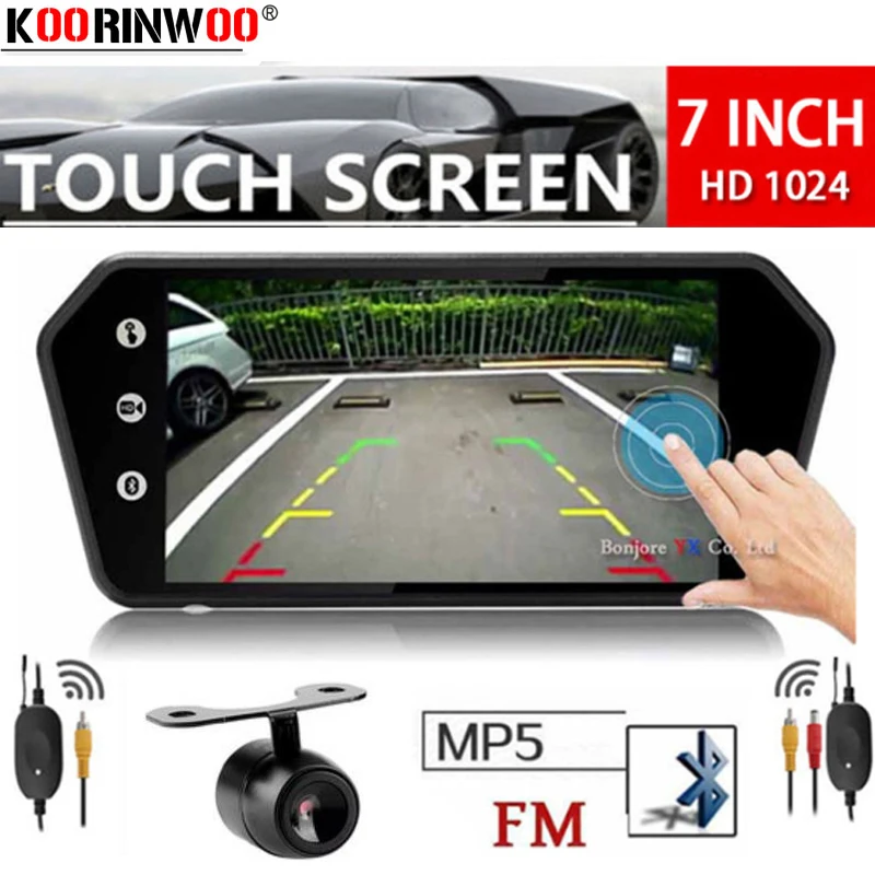 

Koorinwoo Wireless Adopter Media 1024P Touch Screen Monitor Mirror MP5 Bluetooth USB FM Music Movie RCA Car Rear view Camera Set