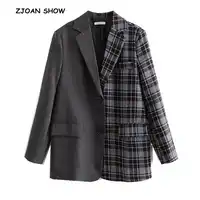 New 2018 Autumn Winter Gray Stitching Gangham Plaid Blazer Boyfriend friend style Women Contrast color Suit Coat Fashion Femme
