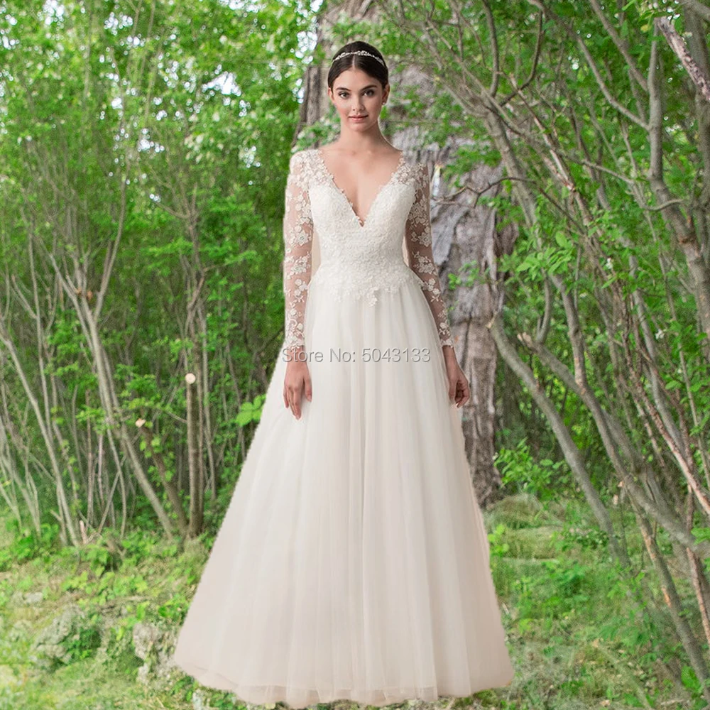 

Double V Neck Plus Size Wedding Dresses 2019 Lace Applique Long Sleeves Floor Length Wedding Bridal Gowns Tulle Backless Vestido