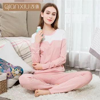 

Qianxiu Spring Autumn Pajamas Set For Women Long Sleeved Cotton Stitching Color Sleepwear Girls Pyjamas Mujer Home Clothing 2017