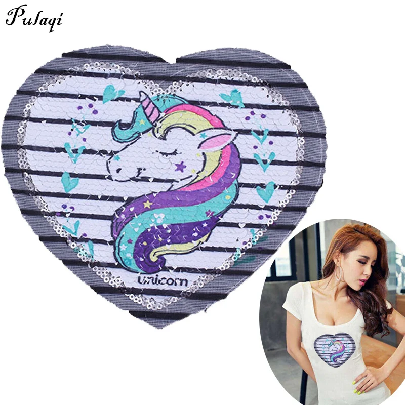 

Pulaqi Unicorn Heart Reversible Sequins Patches Sew On Patch for clothes DIY Crafts Coat Sweater Paillette Patch Applique D