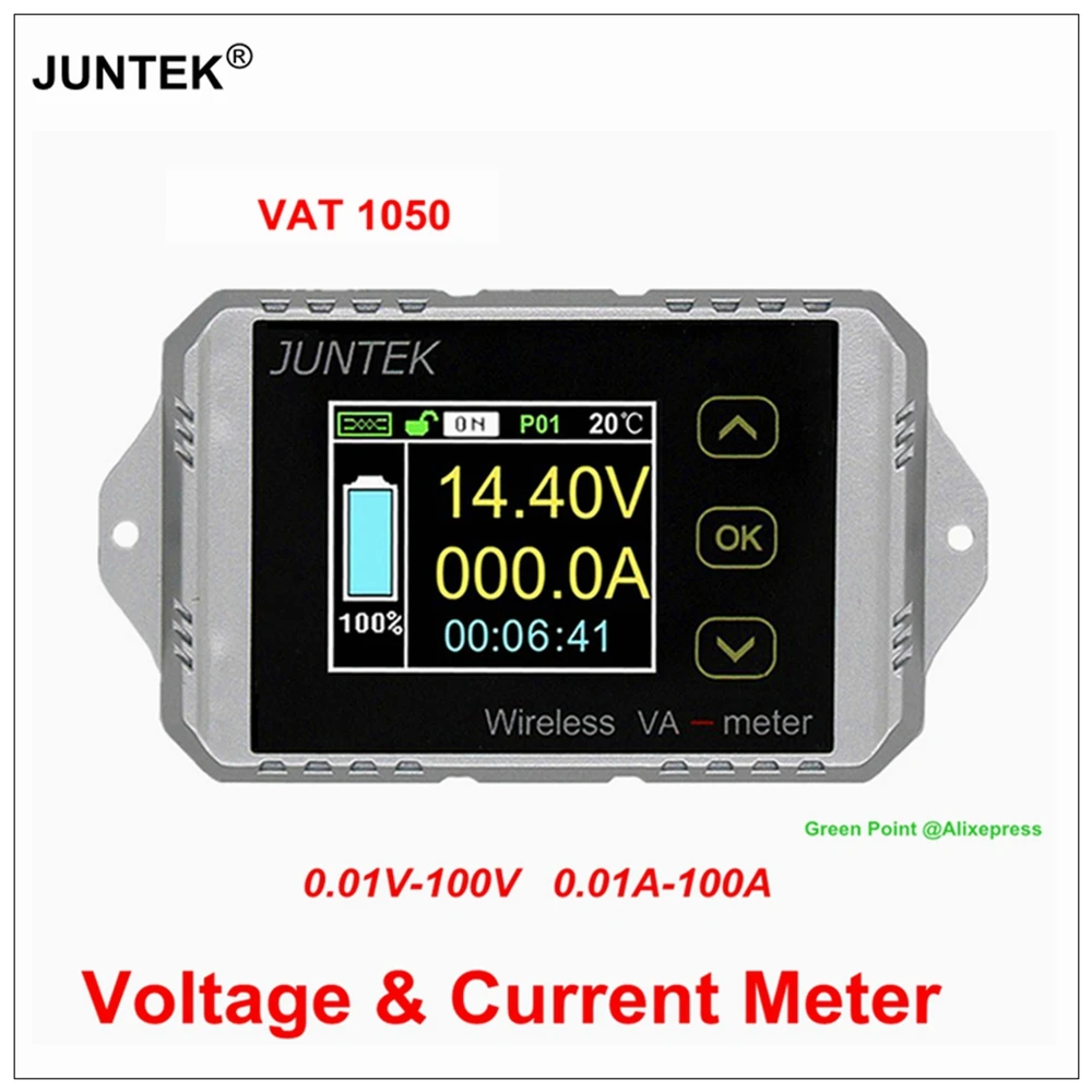 Счетчик кулона JUNTEK VAT1050 100 В 50 А автомобильный измеритель напряжения и тока
