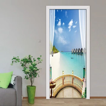 

Sea View From The Window 3D Door Sticker Wall Mural Art Poster PVC Self Adhesive Removable Wallpaper Decor Home Door 3D Decals