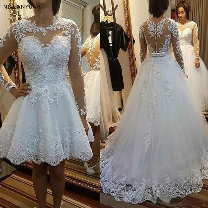 

2019 Ball Gown Wedding Dresses Detachable Train Lace Appliques Pearls Bridal Gowns 2 In 1 Vestido De Novias Gelinlik