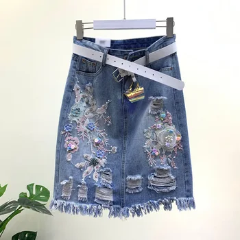 

High waist Floral Embroidered Hole Denim Skirts Womens 2019 Autumn Jeans Skirt Plus Size Saias Casual Fashion New 1982