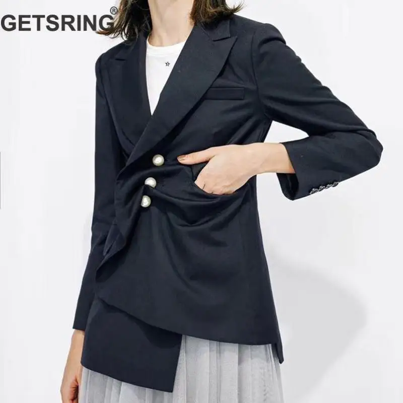 

GETSRING Women Blazer Pearl Button Irregular Striped Blazer Long Sleeve Single Breasted Long Blazer Jacket All Match Suit Coat