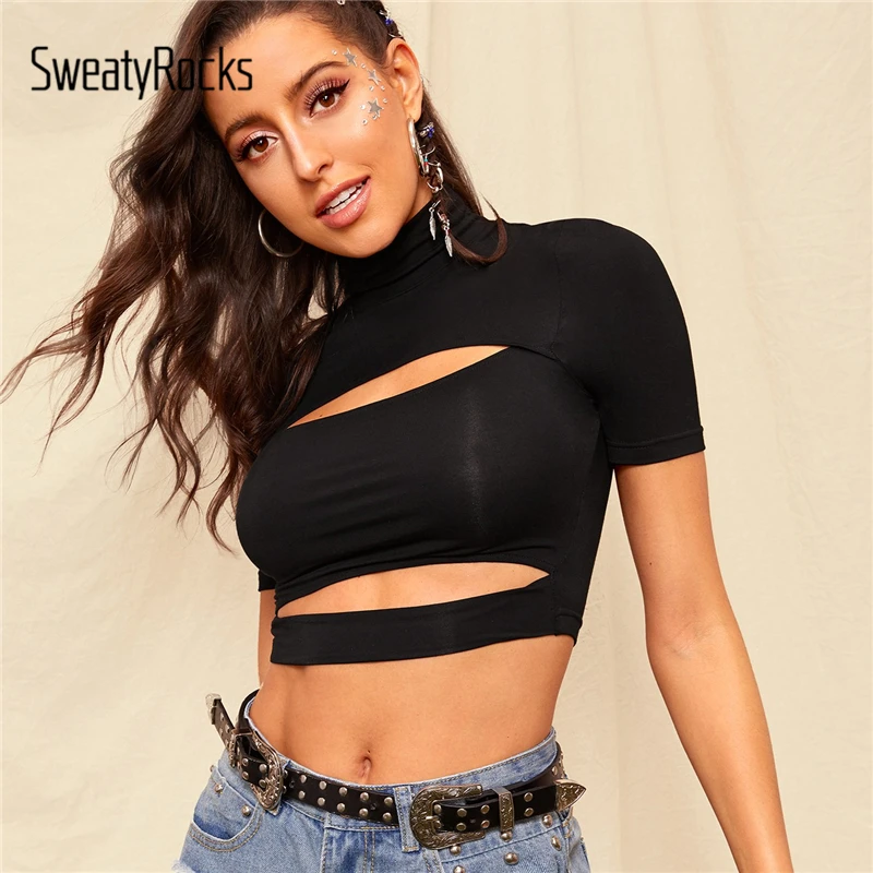 

SweatyRocks Black Mock Neck Cut Out Fitted Tee Sexy Solid Style T shirts 2019 Summer Slim Women Casual Short Sleeve Crop Top
