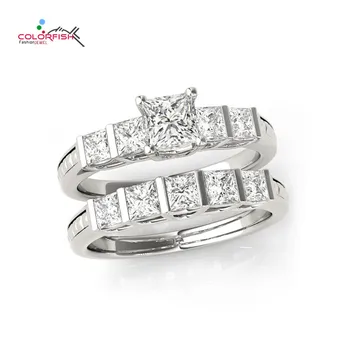 

COLORFISH Genuine 925 Sterling Silver Halo Wedding Ring Set Engagement Band 0.4 Ct AAA Princess SONA Fashion Jewelry For Women