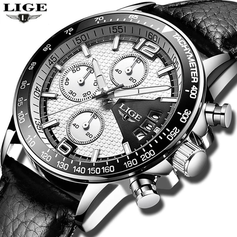 LIGE Mens Watches Top Brand Luxury Men's Military Waterproof Sports Watch Men's Leather Date Quartz