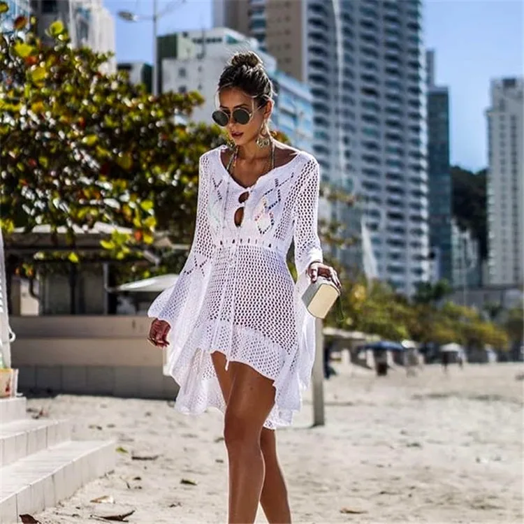 Вязаное белое пляжное платье, туника, длинное Парео Бикини, верхняя одежда, плащ для плавания, пляжная одежда