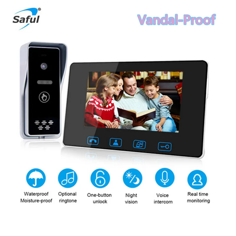 

Saful Newest 7'' LCD Color Screen Vandal-Proof Wired Video Door Phone with Waterproof Camera Video Intercom Doorbell For Home