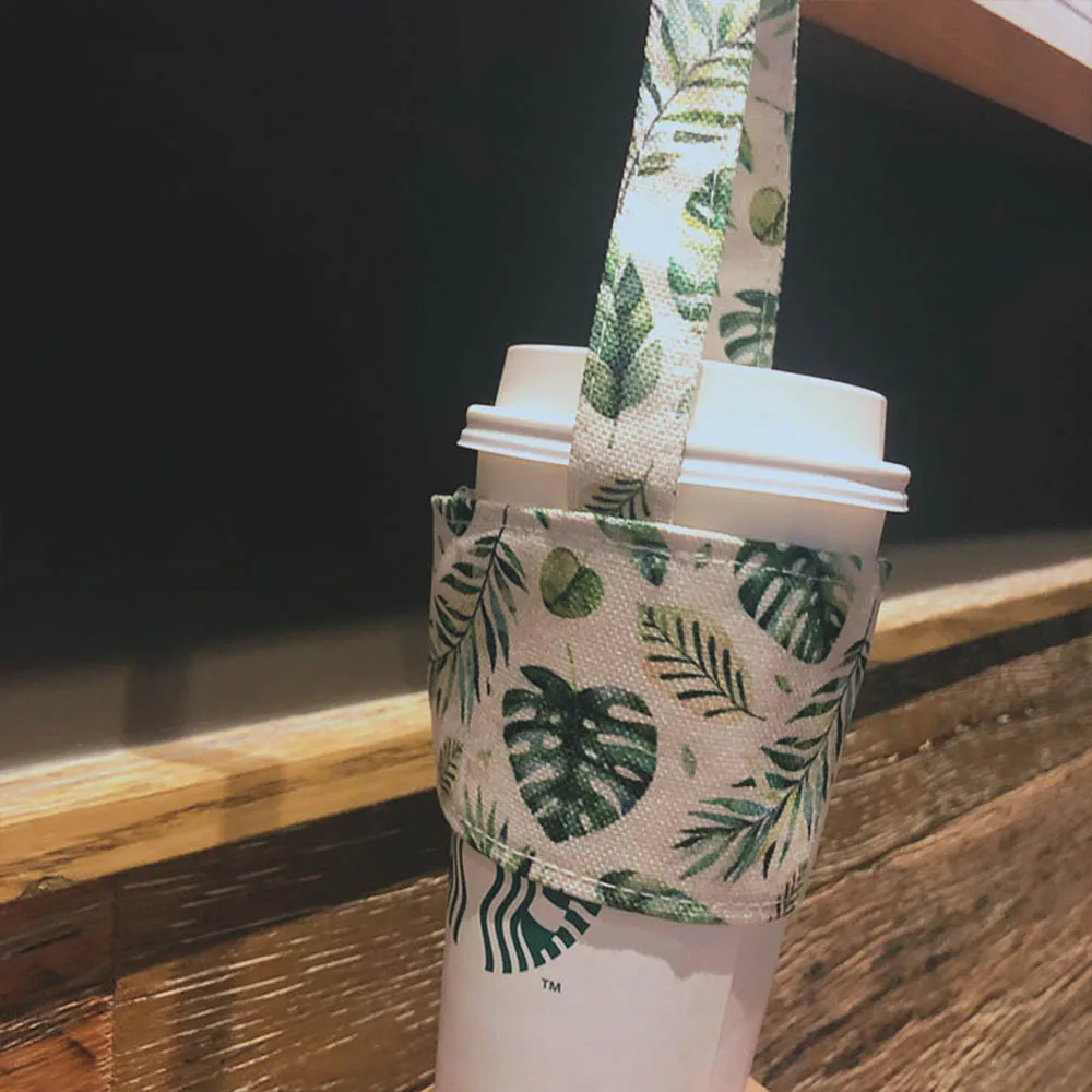 Переносной подстаканник чехлы на бутылки кофе для чайной кружки ремень сумка животные Растения Женский напечатанный холст чашки набор через плечо