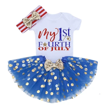

USA Short Sleeve Tops Tutu Skirt Newborn Baby Girl Bodysuit Set Baby Headband 3PCS Girl Independence Day Clothes Gifts