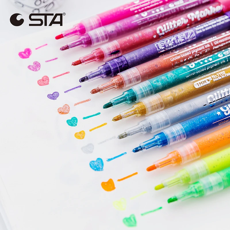 

STA 12 Color Glitter Magic Markers Bright Sparkling Water-Based Pigments Pen Set For Student Watercolor Shine Art Markers