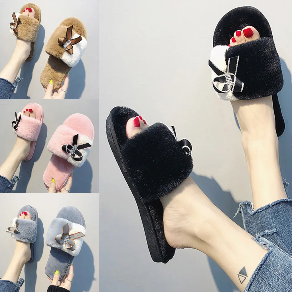 

Winter Women Home Slippers with Faux Fur Mixed Colors Fashion Indoors Warm Shoes Woman Slip on Flats Female Slides Plus Size 41